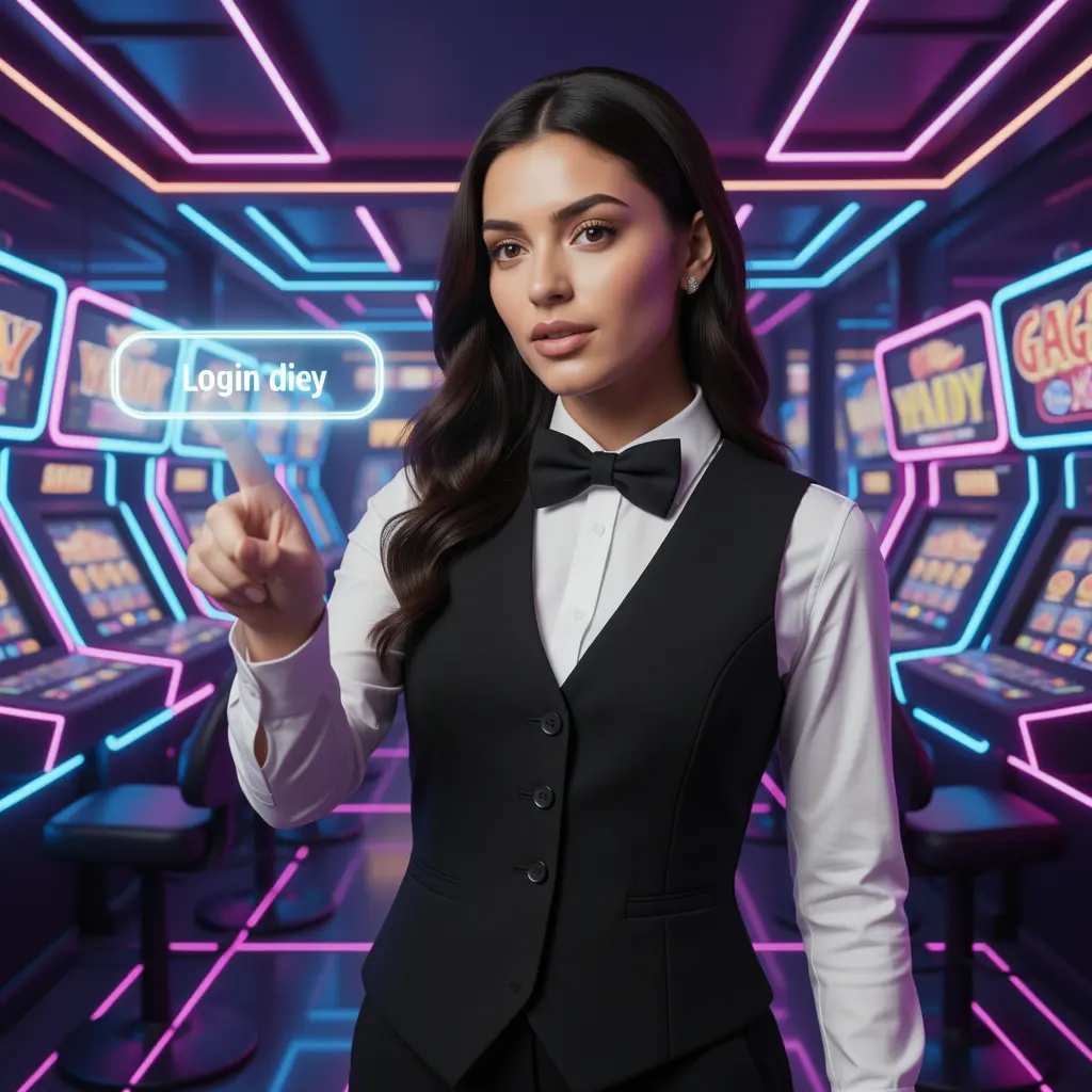 WOWFUNO Login – Easy and secure access to your gaming account in Mexico Professional WOWFUNO dealer from Mexico pointing at a glowing virtual login button inside a futuristic casino atmosphere
